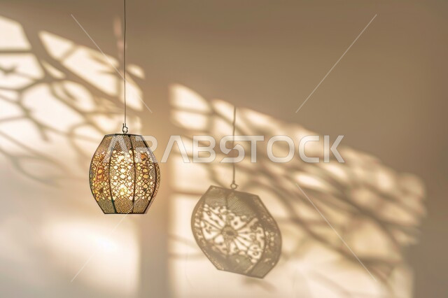 إضاءة وزينة شهر رمضان المبارك، فوانيس و تحف اسلامية تقليدية للاحتفال بقدوم شهر الخير، فانوس عربي معدني مزخرف مضيء، الفن الاسلامي للتحف والاكسسوارات، ديكورات وأنوار في الأجواء الرمضانية الروحانية