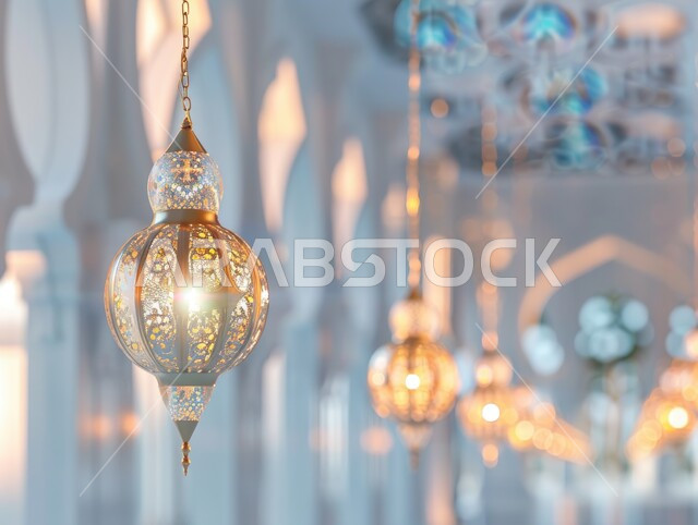 إضاءة وزينة شهر رمضان المبارك، فوانيس و تحف اسلامية تقليدية للاحتفال بقدوم شهر الخير، فانوس عربي معدني مزخرف مضيء، الفن الاسلامي للتحف والاكسسوارات، ديكورات وأنوار في الأجواء الرمضانية الروحانية