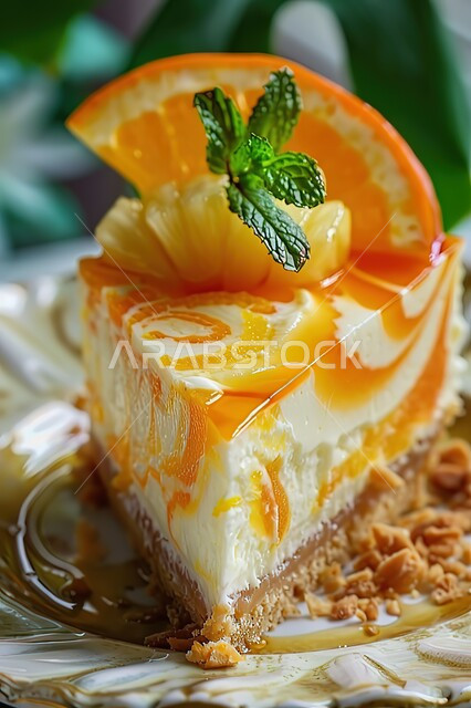 تشيز كيك مع طبقات الكريمه و الجبن ، قطعه شهية من التشيز كيك مزينة بالفاكهة الطازجة، حلويات وسكريات عالية السعرات ، قطع الحلوى الشهية الشرقية ، تحلية باردة ولذيذة.