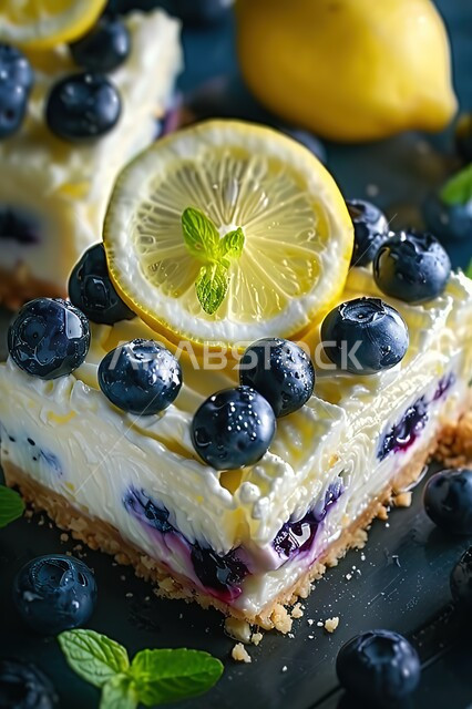 تشيز كيك مع طبقات الكريمه و الجبن ، قطعه شهية من التشيز كيك مزينة بالفاكهة الطازجة، حلويات وسكريات عالية السعرات ، قطع الحلوى الشهية الشرقية ، تحلية باردة ولذيذة.