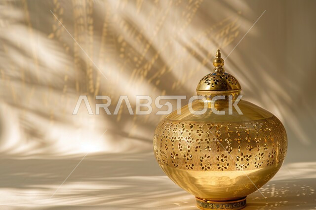 فانوس عربي معدني مزخرف مضيء، إضاءة وزينة شهر رمضان المبارك، فوانيس و تحف اسلامية تقليدية للاحتفال بقدوم شهر الخير، الفن الاسلامي للتحف والاكسسوارات، ديكورات وأنوار في الأجواء الرمضانية الروحانية