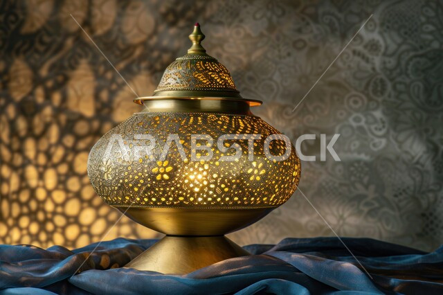 فانوس عربي معدني مزخرف مضيء، إضاءة وزينة شهر رمضان المبارك، فوانيس و تحف اسلامية تقليدية للاحتفال بقدوم شهر الخير، الفن الاسلامي للتحف والاكسسوارات، ديكورات وأنوار في الأجواء الرمضانية الروحانية