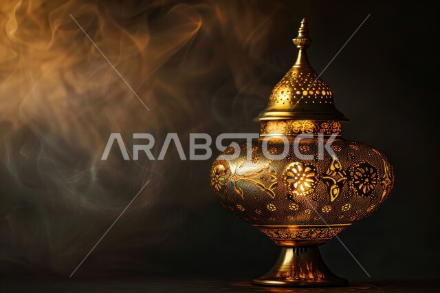 فانوس عربي معدني مزخرف مضيء، إضاءة وزينة شهر رمضان المبارك، فوانيس و تحف اسلامية تقليدية للاحتفال بقدوم شهر الخير، الفن الاسلامي للتحف والاكسسوارات، ديكورات وأنوار في الأجواء الرمضانية الروحانية