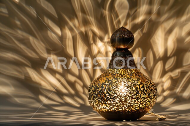 فانوس عربي معدني مزخرف مضيء، إضاءة وزينة شهر رمضان المبارك، فوانيس و تحف اسلامية تقليدية للاحتفال بقدوم شهر الخير، الفن الاسلامي للتحف والاكسسوارات، ديكورات وأنوار في الأجواء الرمضانية الروحانية