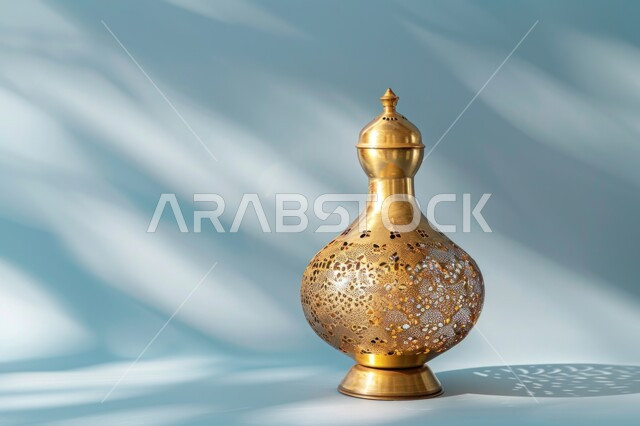 ديكورات وأنوار في الأجواء الرمضانية الروحانية, فانوس عربي معدني مزخرف مضيء، إضاءة وزينة شهر رمضان المبارك، فوانيس و تحف اسلامية تقليدية للاحتفال بقدوم شهر الخير، الفن الاسلامي للتحف والاكسسوارات