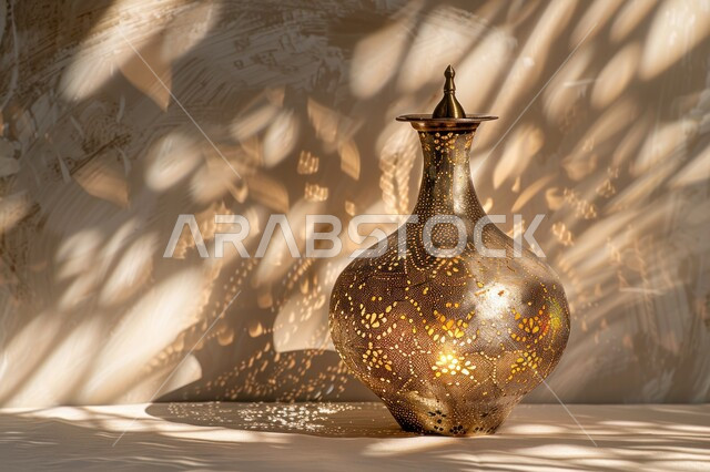 ديكورات وأنوار في الأجواء الرمضانية الروحانية, فانوس عربي معدني مزخرف مضيء، إضاءة وزينة شهر رمضان المبارك، فوانيس و تحف اسلامية تقليدية للاحتفال بقدوم شهر الخير، الفن الاسلامي للتحف والاكسسوارات