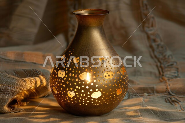 ديكورات وأنوار في الأجواء الرمضانية الروحانية, فانوس عربي معدني مزخرف مضيء، إضاءة وزينة شهر رمضان المبارك، فوانيس و تحف اسلامية تقليدية للاحتفال بقدوم شهر الخير، الفن الاسلامي للتحف والاكسسوارات