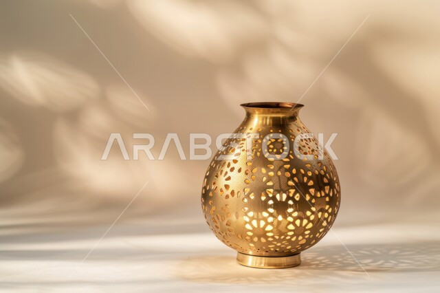 ديكورات وأنوار في الأجواء الرمضانية الروحانية, فانوس عربي معدني مزخرف مضيء، إضاءة وزينة شهر رمضان المبارك، فوانيس و تحف اسلامية تقليدية للاحتفال بقدوم شهر الخير، الفن الاسلامي للتحف والاكسسوارات