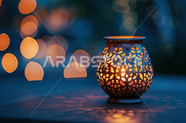 الفن الاسلامي للتحف والاكسسوارات, ديكورات وأنوار في الأجواء الرمضانية الروحانية, فانوس عربي  مزخرف مضيء، إضاءة وزينة شهر رمضان المبارك، فوانيس و تحف اسلامية تقليدية للاحتفال بقدوم شهر الخير