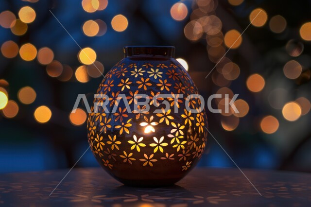 الفن الاسلامي للتحف والاكسسوارات, ديكورات وأنوار في الأجواء الرمضانية الروحانية, فانوس عربي  مزخرف مضيء، إضاءة وزينة شهر رمضان المبارك، فوانيس و تحف اسلامية تقليدية للاحتفال بقدوم شهر الخير