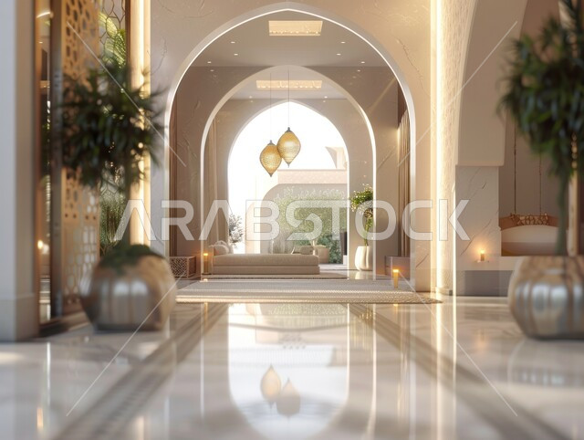 مدخل رخامي فاخر مع إضاءة مزخرفة، تصاميم داخلية وديكورات متميزة، تصميم عصري أنيق لشركات ومنتجعات المملكة العربية السعودية, الفن الهندسي المعماري على الطراز الحديث، الاهتمام بنباتات الزينة الخضراء