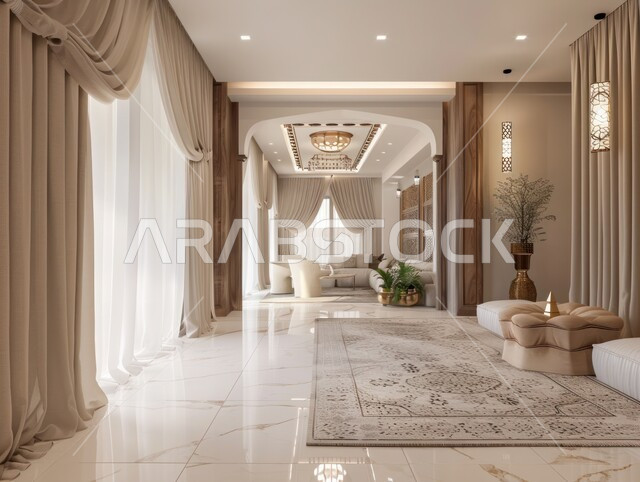 مدخل رخامي فاخر مع إضاءة مزخرفة، تصاميم داخلية وديكورات متميزة، تصميم عصري أنيق لشركات ومنتجعات المملكة العربية السعودية, الفن الهندسي المعماري على الطراز الحديث، الاهتمام بنباتات الزينة الخضراء