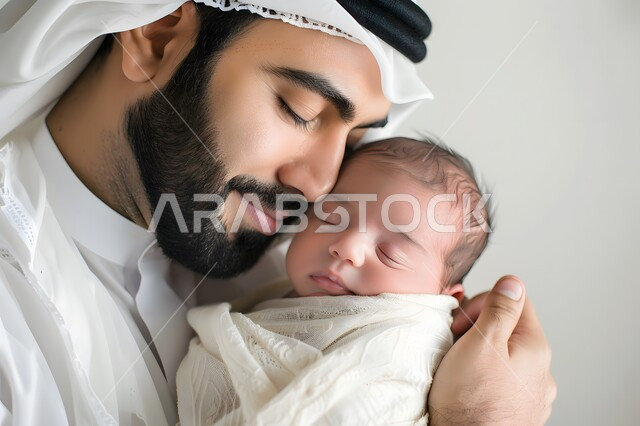 مفهوم الرابطة الأبوية, إيماءات الحب والعطف على الأبناء, بورتريه مقرب لرجل عربي خليجي سعودي يضع الغترة يحتضن طفله حديث الولادة بين ذراعيه بكل حنان، الأبوة والترابط الأسري، تحمل المسؤولية والاعتناء بالأطفال، تعزيز العلاقة والمشاعر بين الأب وابنه، خلفية رمادية