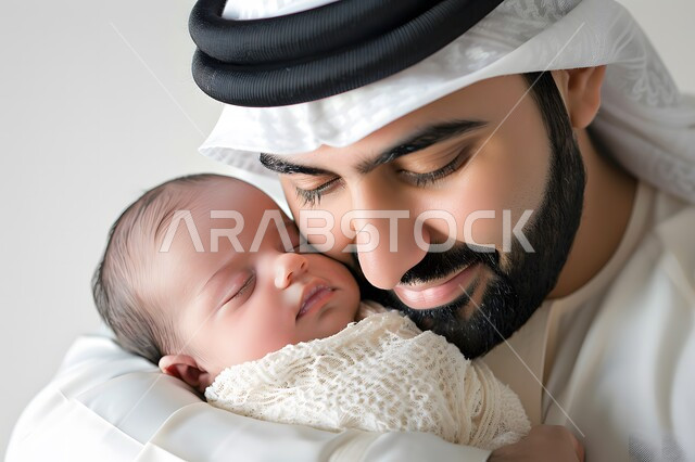 مفهوم الرابطة الأبوية, إيماءات الحب والعطف على الأبناء, بورتريه مقرب لرجل عربي خليجي سعودي يضع الغترة يحتضن طفله حديث الولادة بين ذراعيه بكل حنان، الأبوة والترابط الأسري، تحمل المسؤولية والاعتناء بالأطفال، تعزيز العلاقة والمشاعر بين الأب وابنه، خلفية رمادية