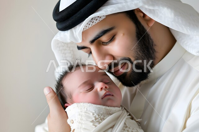 مفهوم الرابطة الأبوية, إيماءات الحب والعطف على الأبناء, بورتريه مقرب لرجل عربي خليجي سعودي يضع الغترة يحتضن طفله حديث الولادة بين ذراعيه بكل حنان، الأبوة والترابط الأسري، تحمل المسؤولية والاعتناء بالأطفال، تعزيز العلاقة والمشاعر بين الأب وابنه، خلفية رمادية