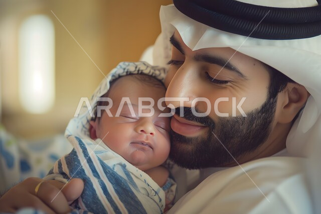 مفهوم الرابطة الأبوية, إيماءات الحب والعطف على الأبناء, صورة مقربة لرجل عربي خليجي سعودي يضع الغترة يحتضن طفله حديث الولادة بين ذراعيه بكل حنان، الأبوة والترابط الأسري، تحمل المسؤولية والاعتناء بالأطفال، تعزيز العلاقة والمشاعر الإيجابية بين الأب وابنه الرضيع