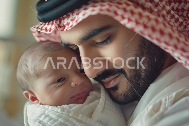  إيماءات الحب والعطف على الأبناء, مفهوم الرابطة الأبوية, صورة مقربة لرجل عربي خليجي سعودي يضع الشماغ يحتضن طفله حديث الولادة بين ذراعيه بكل حنان، الأبوة والترابط الأسري، تحمل المسؤولية والاعتناء بالأطفال، تعزيز العلاقة والمشاعر الإيجابية بين الأب وابنه الرضيع
