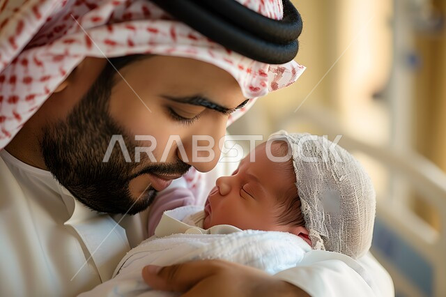  إيماءات الحب والعطف على الأبناء, مفهوم الرابطة الأبوية, صورة مقربة لرجل عربي خليجي سعودي يضع الشماغ يحتضن طفله حديث الولادة بين ذراعيه بكل حنان، الأبوة والترابط الأسري، تحمل المسؤولية والاعتناء بالأطفال، تعزيز العلاقة والمشاعر الإيجابية بين الأب وابنه الرضيع