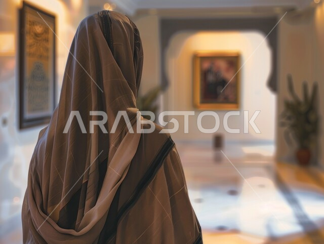 مفهوم الطاعات والتقرب إلى الله، الديكورات الإسلامية لبناء المساجد و دور العبادة، صورة مقربة من الخلف لامرأة عربية خليجية سعودية ترتدي العباءة والحجاب تقف في باحة المسجد، الرسومات والتصاميم الهندسية، أماكن ومعالم دينية مقدسة