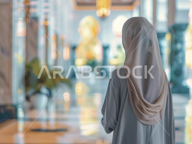 مفهوم الطاعات والتقرب إلى الله، الديكورات الإسلامية لبناء المساجد و دور العبادة، صورة مقربة من الخلف لامرأة عربية خليجية سعودية ترتدي العباءة والحجاب تقف في باحة المسجد، الرسومات والتصاميم الهندسية، أماكن ومعالم دينية مقدسة