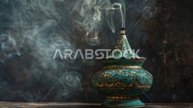 التعطر والتطيب باطيب الروائح والعطور، أصالة العادات والتقاليد في المملكة العربية السعودية، منظر الدخان المنتشر من البخور، خشب العود الفاخر والفحم، منتج محلي وطني سعودي, صورة مقربة لمبخرة تقليدية مزخرفة في مكان تراثي