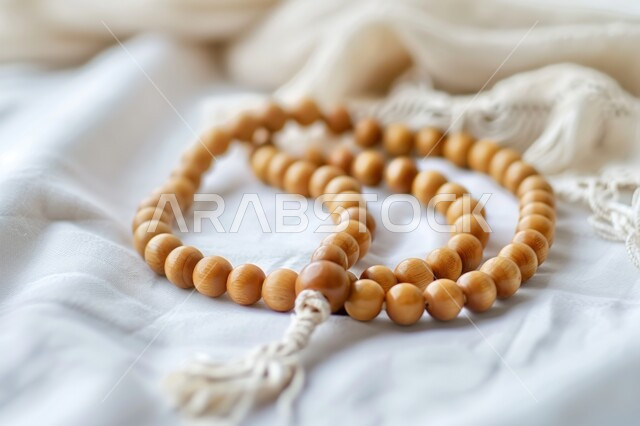 الاجتهاد في العبادة والتقرب إلى الله, صورة مقربة لسبحة إسلامية بخامة خشبية على غطاء قماشي أبيض، التسبيح والتهليل وذكر الله تعالى، مسبحة عربية تقليدية ذات حبات مصنوعة من الخشب، ترديد الأذكار والورد اليومي 