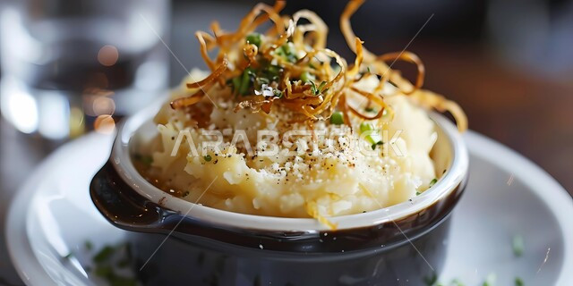 Creamy mashed potatoes with delicious spices, serving and preparing meals and fast foods, delicious food and appetizer recipes, local national products, high-value meal