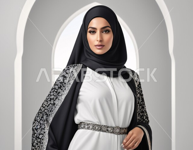 Women's clothing with modern designs, the concept of femininity and softness, looking at the camera with gestures of self-confidence, a personal photo for official documents, a picture of a veiled Saudi Arabian Gulf woman wearing casual clothes standing straight, interest in elegance and appearance, a gray background
