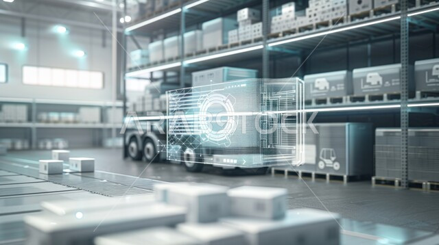 الاستفادة من تقنيات الذكاء الصناعي في تخزين البضائع والمنتجات في صناديق وكراتين مغلفة داخل المستودع، مفهوم إدارة المخزون، مخازن ومستودعات معامل المملكة العربية السعودية، التحول الرقمي والتقدم التقني، أيقونات هولوجرامية ثلاثية الأبعاد لشبكة الاتصالات المضيئة