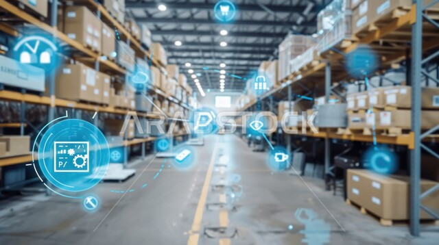الاستفادة من تقنيات الذكاء الصناعي في تخزين البضائع والمنتجات في صناديق وكراتين مغلفة داخل المستودع، مفهوم إدارة المخزون، مخازن ومستودعات معامل المملكة العربية السعودية، التحول الرقمي والتقدم التقني، أيقونات هولوجرامية ثلاثية الأبعاد لشبكة الاتصالات المضيئة