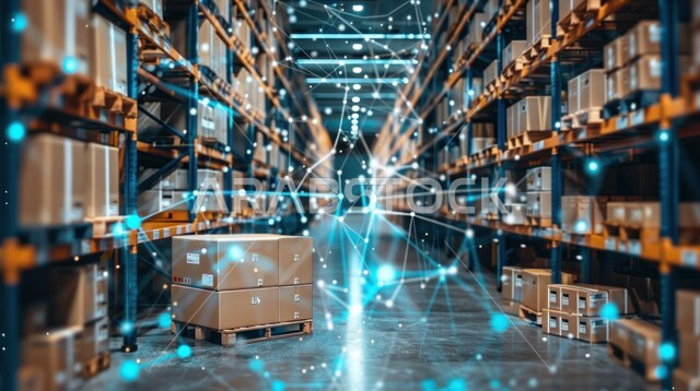 Utilizing artificial intelligence technologies in storing goods and products in boxes and wrapped cartons inside the warehouse, the concept of inventory management, warehouses and stores of factories in the Kingdom of Saudi Arabia, digital transformation and technological progress, 3D holographic icons for the illuminated communications network