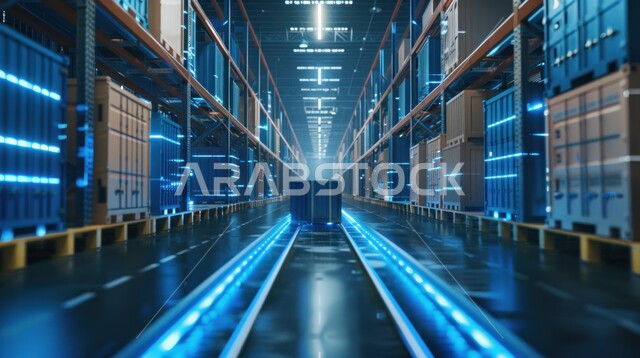 Utilizing artificial intelligence technologies in storing goods and products in boxes and wrapped cartons inside the warehouse, the concept of inventory management, warehouses and stores of factories in the Kingdom of Saudi Arabia, digital transformation and technological progress, 3D holographic icons for the illuminated communications network