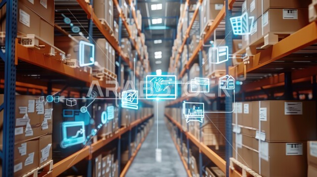 Utilizing artificial intelligence technologies in storing goods and products in boxes and wrapped cartons inside the warehouse, the concept of inventory management, warehouses and stores of factories in the Kingdom of Saudi Arabia, digital transformation and technological progress, 3D holographic icons for the illuminated communications network