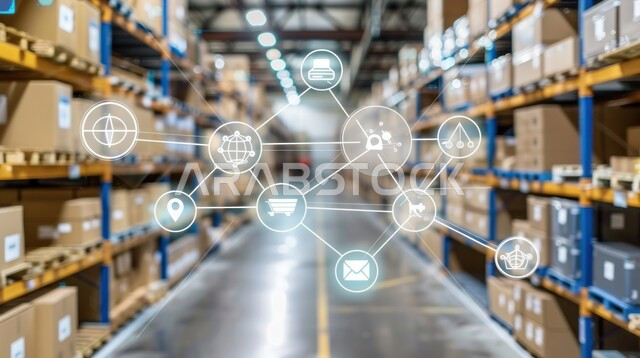 الاستفادة من تقنيات الذكاء الصناعي في تخزين البضائع والمنتجات في صناديق وكراتين مغلفة داخل المستودع، مفهوم إدارة المخزون، مخازن ومستودعات معامل المملكة العربية السعودية، التحول الرقمي والتقدم التقني، أيقونات هولوجرامية ثلاثية الأبعاد لشبكة الاتصالات المضيئة