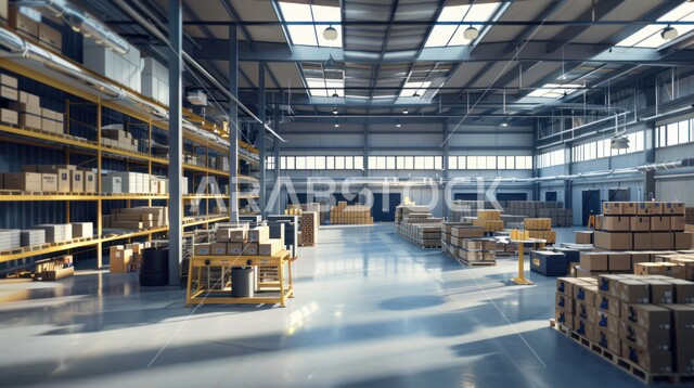 تخزين البضائع والمنتجات في كراتين مغلفة داخل المستودع، مخازن ومستودعات معامل ومصانع المملكة العربية السعودية، مفهوم إدارة المخزون، التعبئة  والتغليف في كونتينرات بحرفية عالية، تنظيم الصناديق ضمن أرفف وحاويات مخصصة