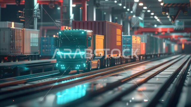 مفهوم الخدمات اللوجستية وتوصيل البضائع بين المدن، شاحنة نقل كبيرة في طريقها إلى إيصال الطرود للمكان المطلوب، إستيراد وتصدير البضاعة في المملكة العربية السعودية, استلام ونقل كونتينرات التخزين,  ميناء شحن البضاعة و الحاويات التجارية