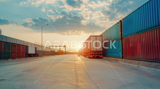 مفهوم الخدمات اللوجستية وتوصيل البضائع بين المدن، شاحنة نقل كبيرة في طريقها إلى إيصال الطرود للمكان المطلوب، إستيراد وتصدير البضاعة في المملكة العربية السعودية, استلام ونقل كونتينرات التخزين,  ميناء شحن البضاعة و الحاويات التجارية