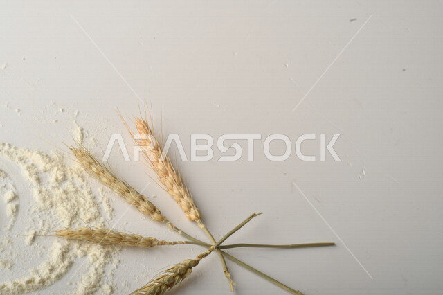 مجموعة من الأرز والزبيب والطحين على خلفية بيضاء .