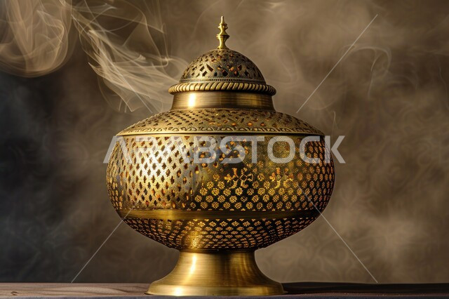 منظر الدخان المنتشر من البخور، التعطر والتطيب باطيب الروائح والعطور، أصالة العادات والتقاليد في المملكة العربية السعودية، خشب العود الفاخر والفحم، منتج محلي وطني سعودي, صورة مقربة لمبخرة تقليدية مزخرفة في مكان تراثي