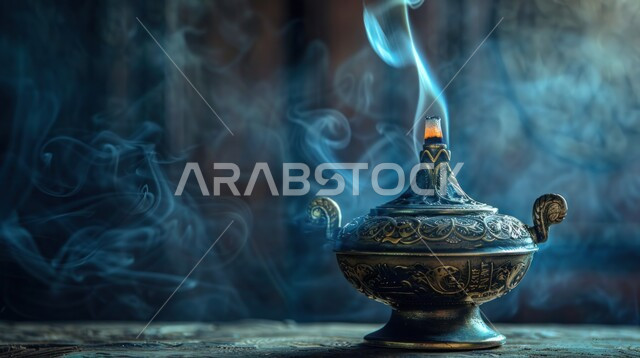 منظر الدخان المنتشر من البخور، التعطر والتطيب باطيب الروائح والعطور، أصالة العادات والتقاليد في المملكة العربية السعودية، خشب العود الفاخر والفحم، منتج محلي وطني سعودي, صورة مقربة لمبخرة تقليدية مزخرفة في مكان تراثي