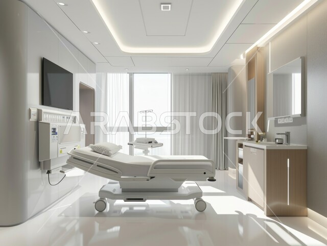 حجره مجهزه بالأدوات والأجهزة الطبيه الحديثه، استخدام التقنيه والتكنولوجيا في العلاج والطب الحديث، عيادات ومراكز صحيه متطوره، تصميم لغرفه طبيه حديثه لفحص وتشخيص المرضى في المستشفى، سرير إلكتروني طبي كهربائي في أحد الغرف