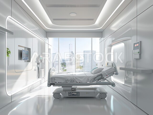 حجره مجهزه بالأدوات والأجهزة الطبيه الحديثه، استخدام التقنيه والتكنولوجيا في العلاج والطب الحديث، عيادات ومراكز صحيه متطوره، تصميم لغرفه طبيه حديثه لفحص وتشخيص المرضى في المستشفى، سرير إلكتروني طبي كهربائي في أحد الغرف