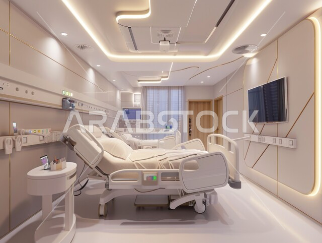 حجره مجهزه بالأدوات والأجهزة الطبيه الحديثه، استخدام التقنيه والتكنولوجيا في العلاج والطب الحديث، عيادات ومراكز صحيه متطوره، تصميم لغرفه طبيه حديثه لفحص وتشخيص المرضى في المستشفى، سرير إلكتروني طبي كهربائي في أحد الغرف