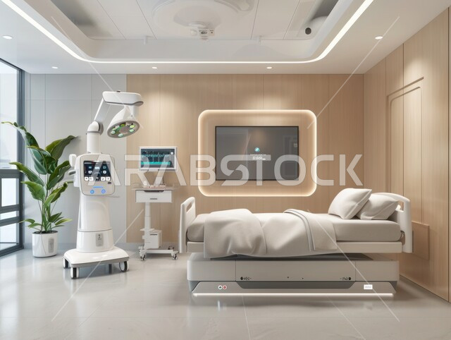 حجره مجهزه بالأدوات والأجهزة الطبيه الحديثه، استخدام التقنيه والتكنولوجيا في العلاج والطب الحديث، عيادات ومراكز صحيه متطوره، تصميم لغرفه طبيه حديثه لفحص وتشخيص المرضى في المستشفى، سرير إلكتروني طبي كهربائي في أحد الغرف
