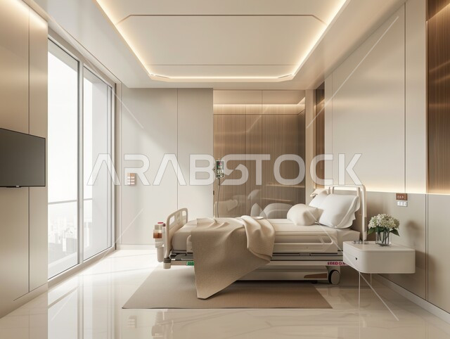 عيادات ومراكز صحيه متطوره، حجره مجهزه بالأدوات والأجهزة الطبيه الحديثه، استخدام التقنيه والتكنولوجيا في العلاج والطب الحديث،  تصميم لغرفه طبيه حديثه لفحص وتشخيص المرضى في المستشفى، سرير إلكتروني طبي كهربائي في أحد الغرف