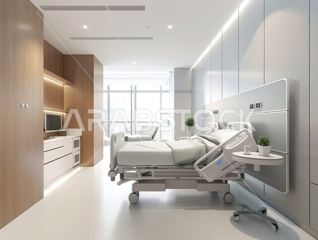 عيادات ومراكز صحيه متطوره، حجره مجهزه بالأدوات والأجهزة الطبيه الحديثه، استخدام التقنيه والتكنولوجيا في العلاج والطب الحديث،  تصميم لغرفه طبيه حديثه لفحص وتشخيص المرضى في المستشفى، سرير إلكتروني طبي كهربائي في أحد الغرف