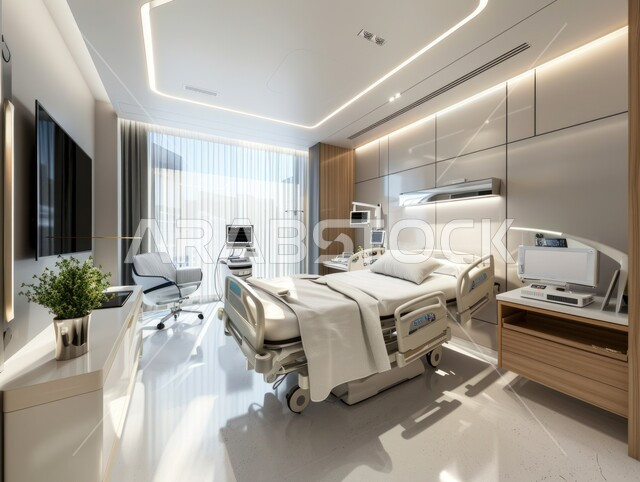 عيادات ومراكز صحيه متطوره، حجره مجهزه بالأدوات والأجهزة الطبيه الحديثه، استخدام التقنيه والتكنولوجيا في العلاج والطب الحديث،  تصميم لغرفه طبيه حديثه لفحص وتشخيص المرضى في المستشفى، سرير إلكتروني طبي كهربائي في أحد الغرف