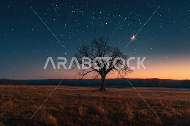غروب الشمس في المناطق الطبيعية في المملكة العربية السعودية، الحقول والبساتين ذات الانتاج المحلي الوفير، شجرة تتوسط الأرض الزراعية، منظر السماء المرصعة بالنجوم اللامعة حول الهلال المنير