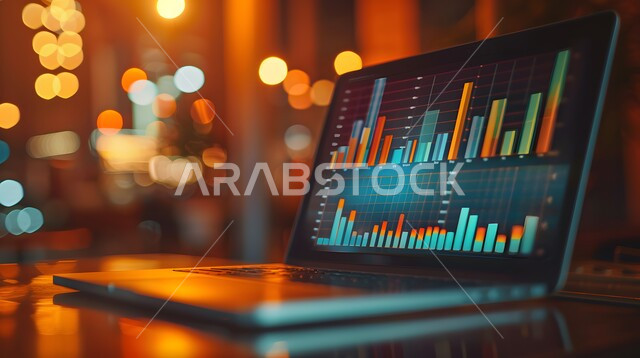 مراقبة الرسوم والمخططات البيانيه من خلال جهاز الحاسوب المحمول، تحليل البيانات المالية والمصرفية، دمج التكنولوجيا المتطورة مع العمل، سوق البورصة العالمي، تداول العملة الرقمية، مفهوم التجارة والاقتصاد، رؤية سعودية مستقبلية 2030، ارتفاع و انخفاض الأسهم 