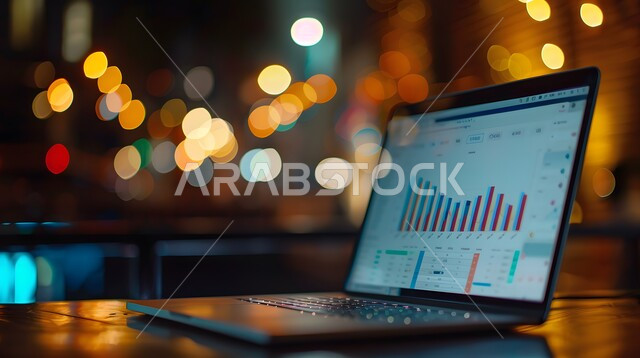 مراقبة الرسوم والمخططات البيانيه من خلال جهاز الحاسوب المحمول، تحليل البيانات المالية والمصرفية، دمج التكنولوجيا المتطورة مع العمل، سوق البورصة العالمي، تداول العملة الرقمية، مفهوم التجارة والاقتصاد، رؤية سعودية مستقبلية 2030، ارتفاع و انخفاض الأسهم 